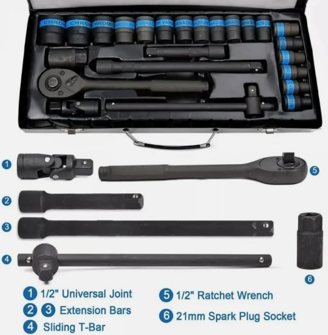 Heavy Duty 1/2" Ratchet Wrench and Metric Socket Set, 8–32mm – Chrome Vanadium Steel with Metal Case