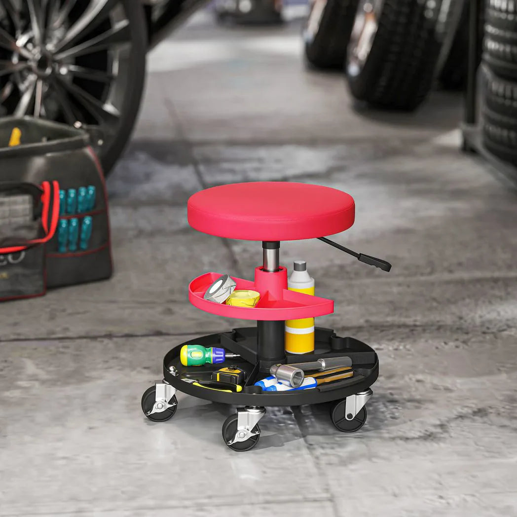 HOMCOM Rolling Mechanic Stool with 360° Swivel Wheels, Padded Seat and Tool Trays, 135kg – Garage Workshop Seat, Red