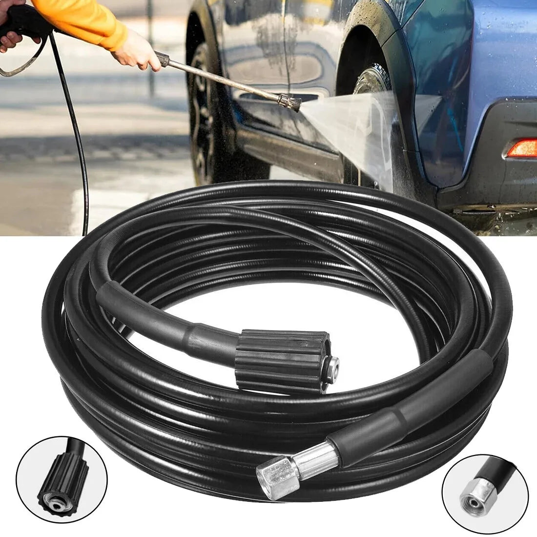 10m Replacement Pressure Washer Hose with M22 & M14 Connectors – Heavy Duty 5800 PSI PVC Jet Wash Pipe, Black