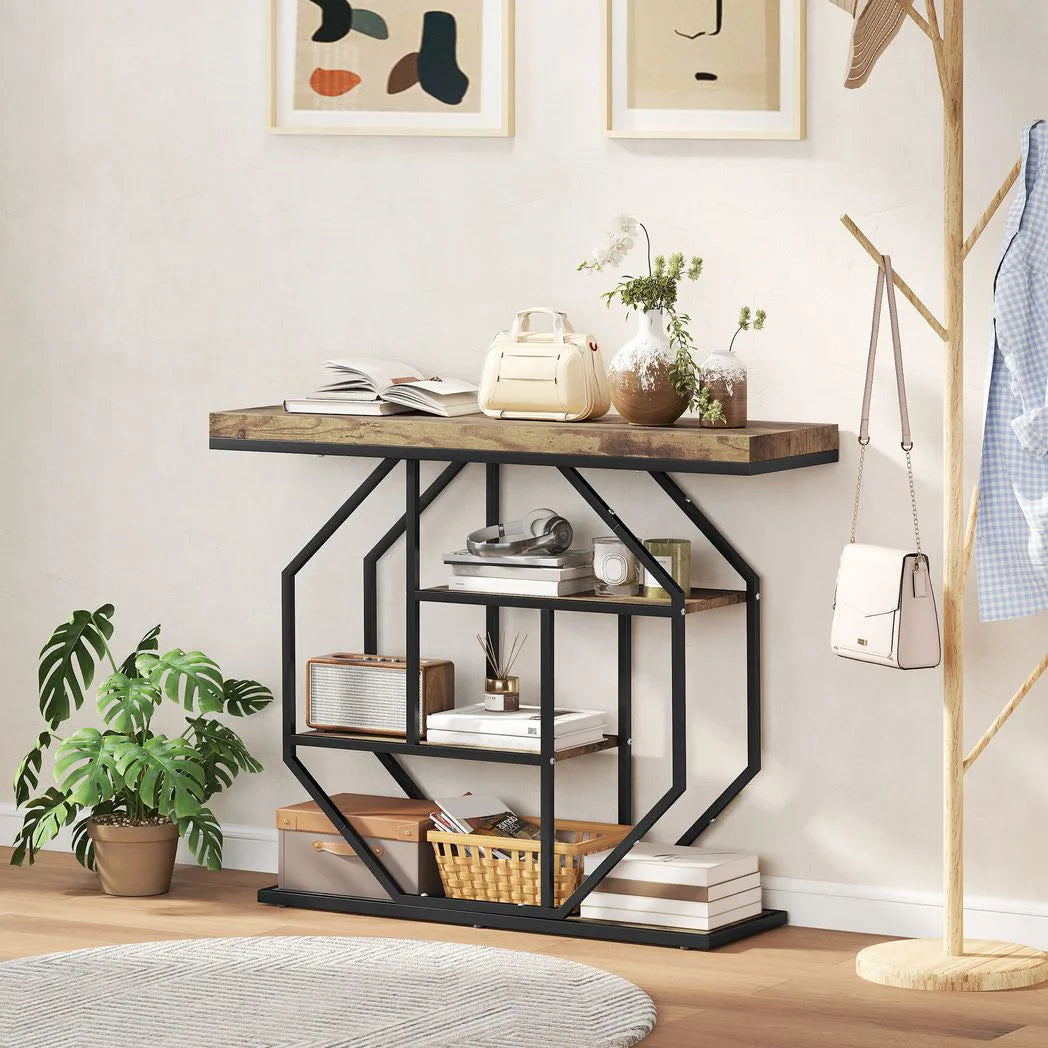 HOMCOM 4-Tier Industrial Console Table with Metal Frame – Entryway Hall Table, Rustic Brown