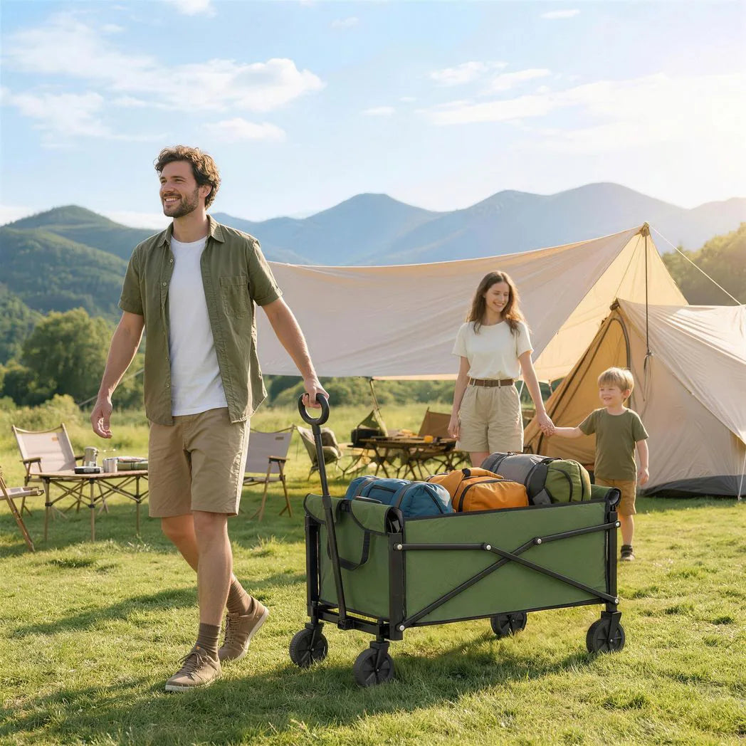 Outsunny Folding Festival Trolley on Wheels, 80L Compact Camping Cart with Adjustable Handle, Green
