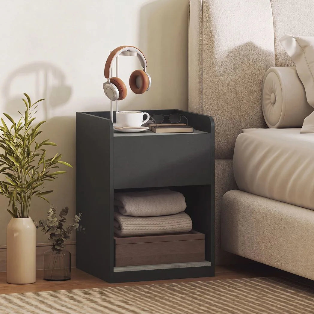 HOMCOM Modern Slim Bedside Table with Drawer, Shelf & Cable Holes – Nightstand, Black and Grey Wood Effect