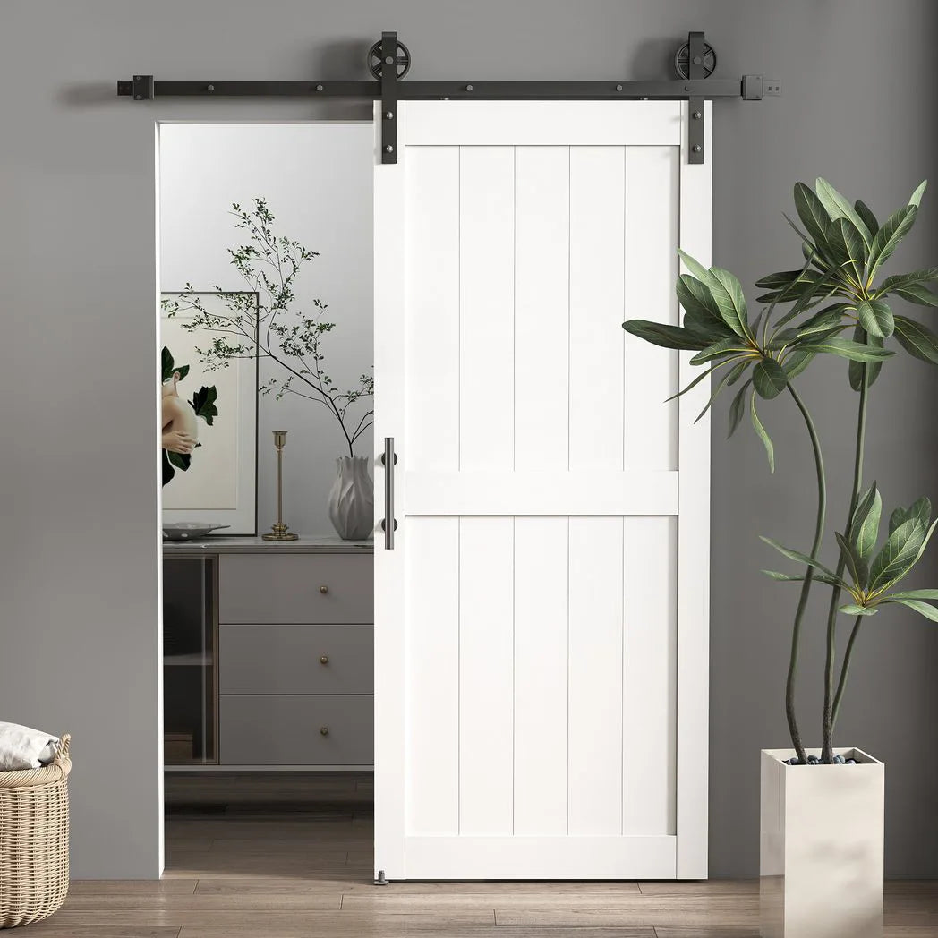 HOMCOM 183cm Sliding Barn Door Kit with Track, Rollers, Floor Guide and Handle – Space-Saving PVC-Coated Door, White