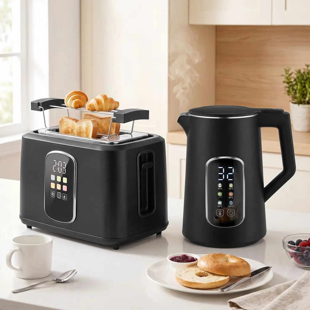 HOMCOM Kettle and Toaster Set with LED Touch Screen – Strix Kettle and 2-Slice Toaster, Black
