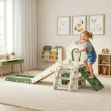 AIYAPLAY Foldable 5 in 1 Toddler Slide with Ladder, Climbing Wall, Basketball Hoop and Storage – Cream
