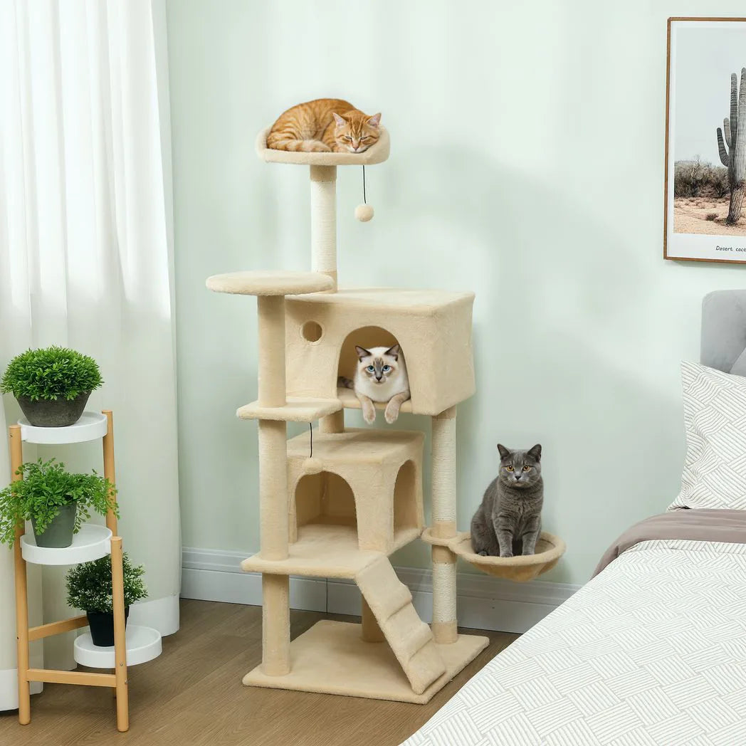 PawHut 140cm Large Cat Tree Tower with Sisal Scratching Posts, Plush Perches, Hammock & Cat Houses, Beige