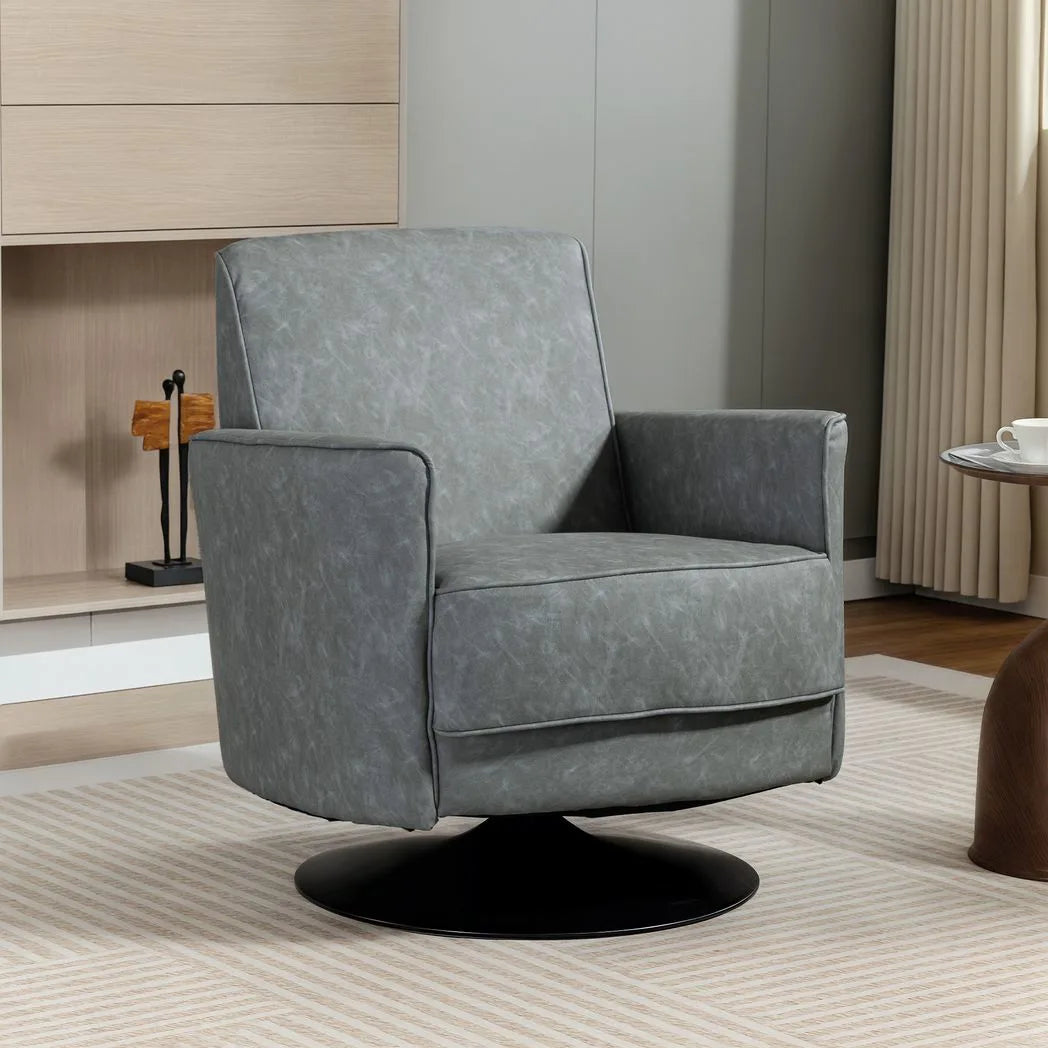 HOMCOM Upholstered 360° Swivel Accent Chair with Thick Padding and Pocket Springs – PU Leather Armchair, Grey