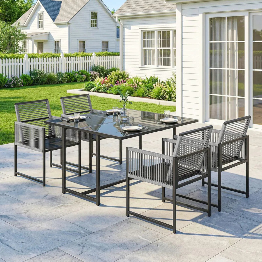 Outsunny 5 Piece Garden Dining Set for 4 with Glass-Top Table & Foldable Backrest Chairs – Patio Set, Light Grey