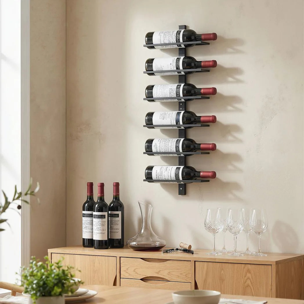 HOMCOM Wall Mounted 6-Tier Wine Rack – Metal Bottle Display Holder for Kitchen, Black
