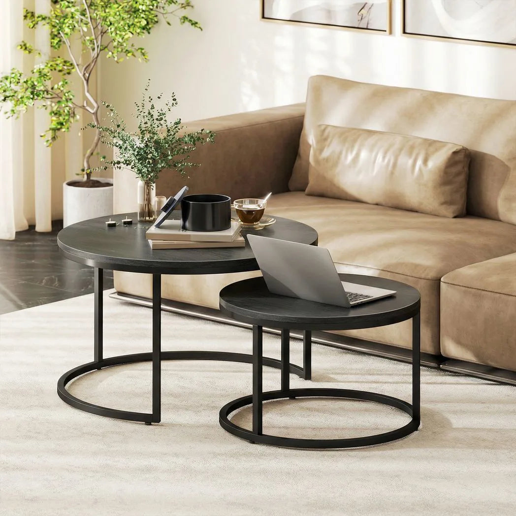 HOMCOM Set of 2 Round Nesting Coffee Tables with Wood-Effect Top & Steel Frame – Stacking Side Tables, Black