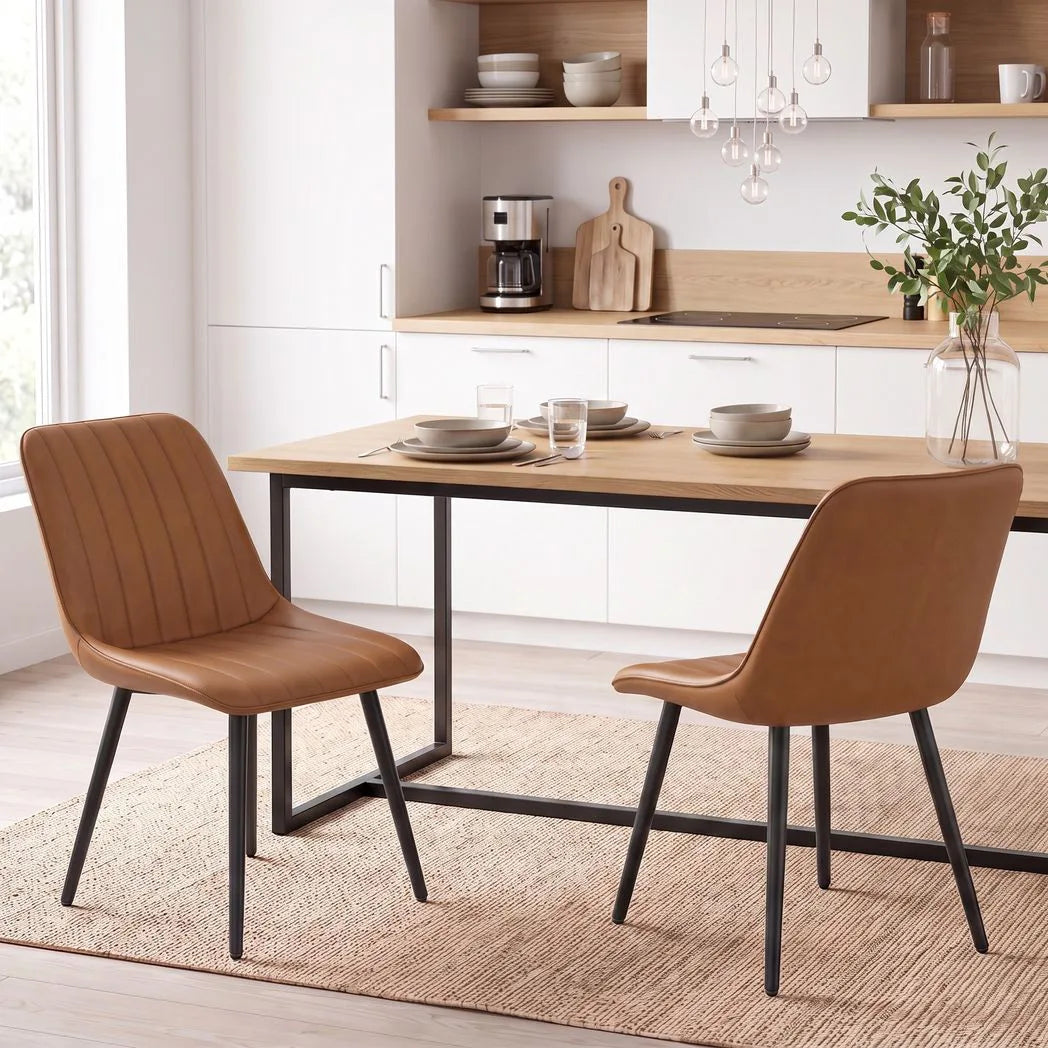 HOMCOM Faux Leather Upholstered Dining Chairs, Set of 2 with Metal Legs – Modern Kitchen Chairs, Brown