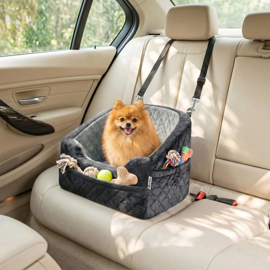 PawHut Dog Car Booster Seat with Thick Cushion, Seat Belt and Pockets – Small Dogs Under 10 kg, Grey