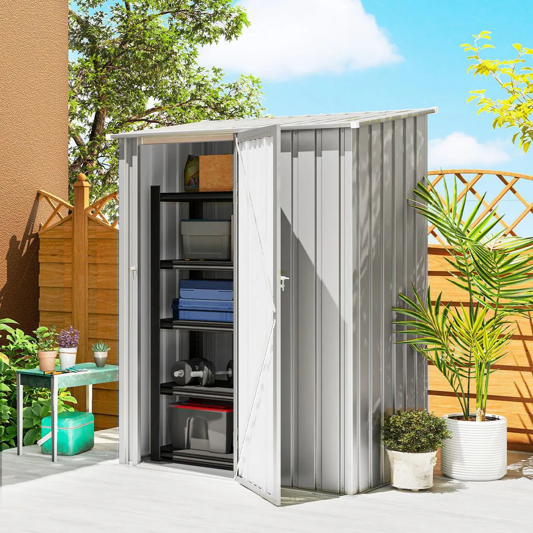 Outsunny 5ft x 3ft Metal Garden Storage Shed with Sloped Roof and Hinged Door – Galvanised Steel, Aluminium Grey
