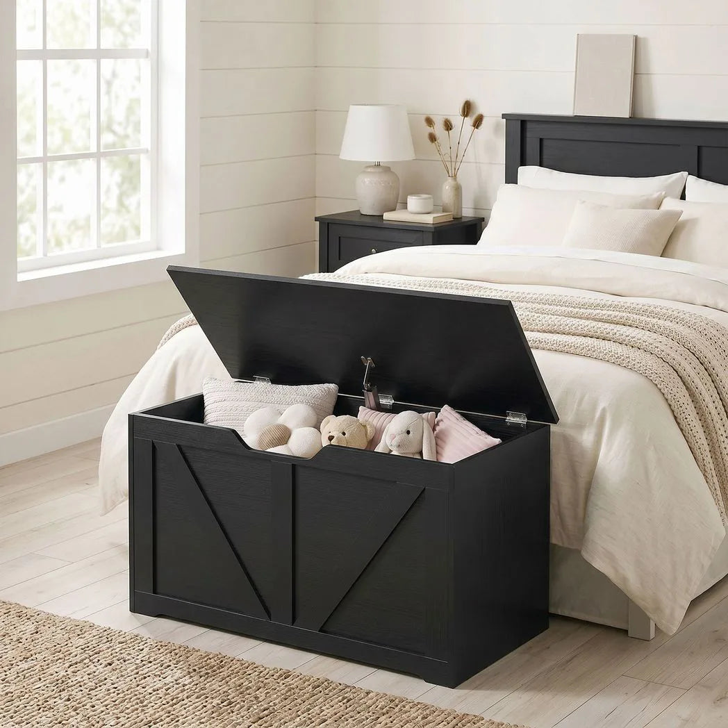 HOMCOM 100L Storage Box with Safety Hinge & Seat Top – Storage Trunk Bench, Black Wood-Effect