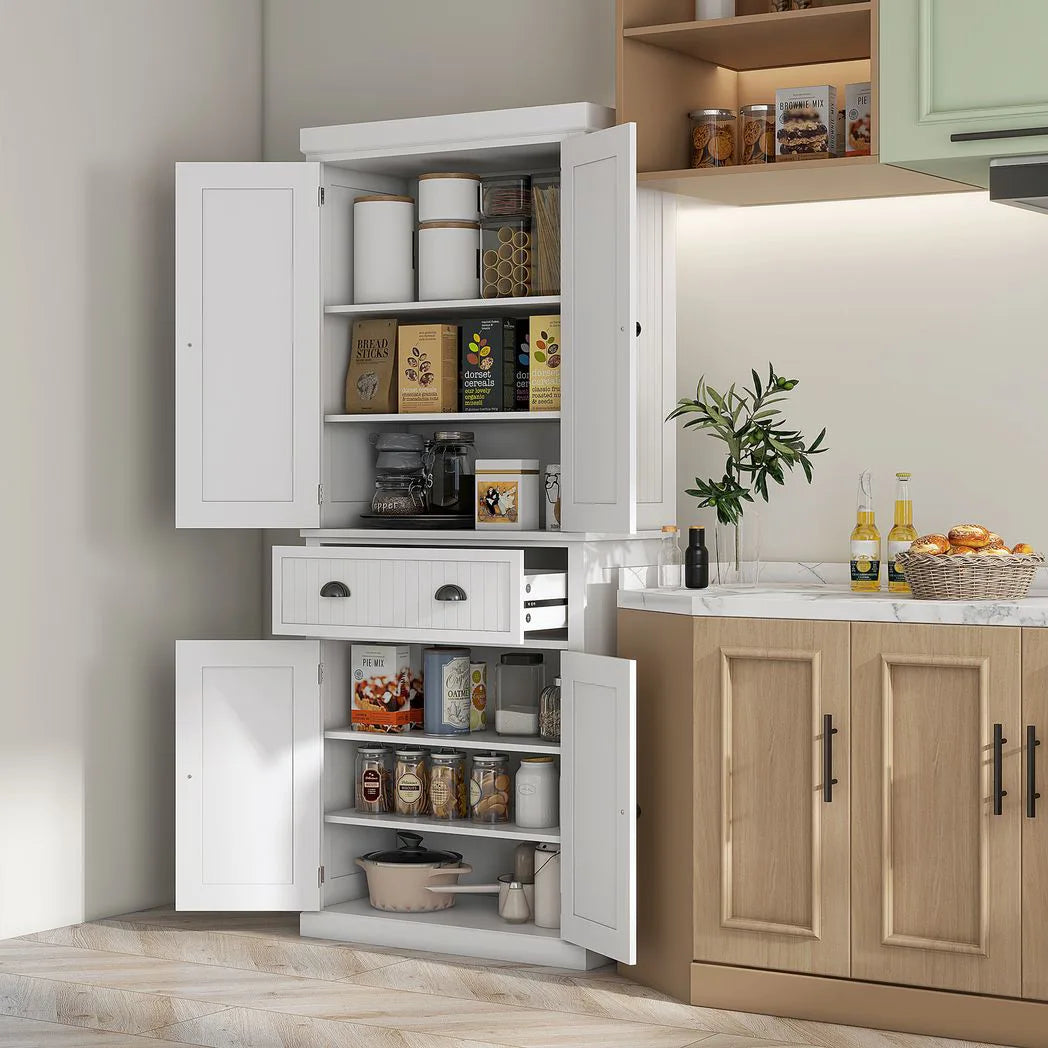 HOMCOM Kitchen Storage Cabinet with Drawer and Adjustable Shelves, Traditional Beadboard Style – White