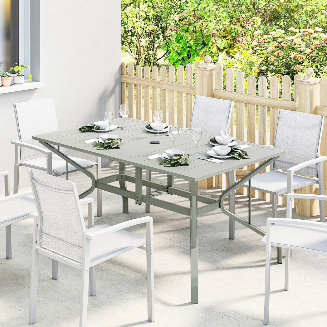 Outsunny Rectangular Garden Dining Table for 6 with Parasol Hole, Galvanised Steel, 150 x 90cm, Light Grey