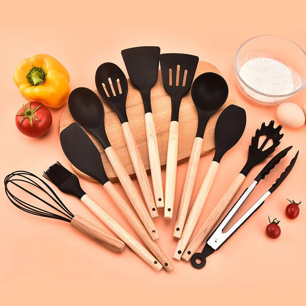 12 Piece Silicone Kitchen Utensil Set with Wooden Handles – Non-Stick Spatula, Ladle, Tongs & Whisk, Black