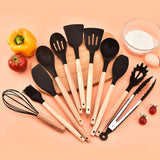 12 Piece Silicone Kitchen Utensil Set with Wooden Handles – Non-Stick Spatula, Ladle, Tongs & Whisk, Black