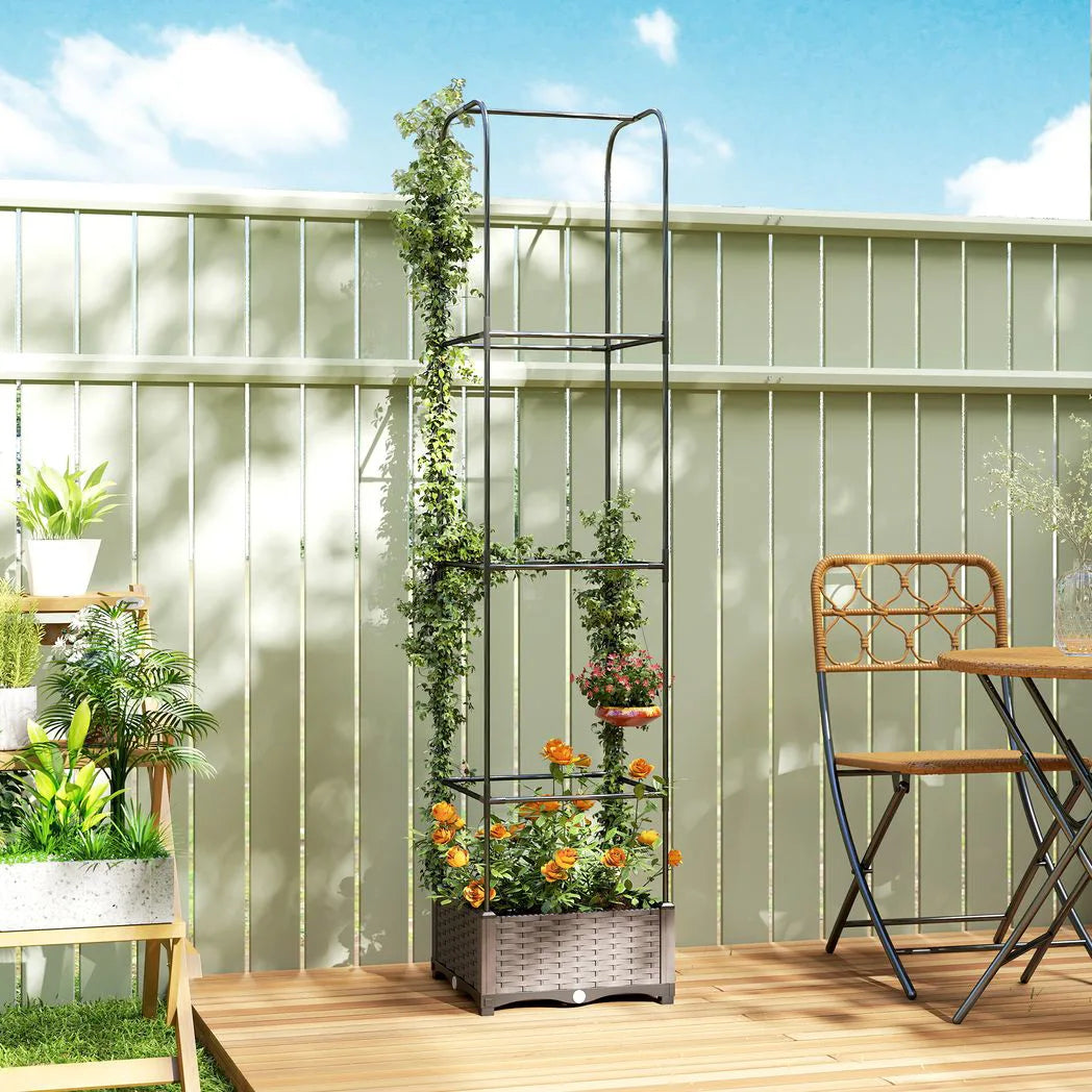 Outsunny Self-Watering Raised Garden Bed with Trellis, Plastic Planter Box with Drainage Plugs, 40 x 40 x 179cm
