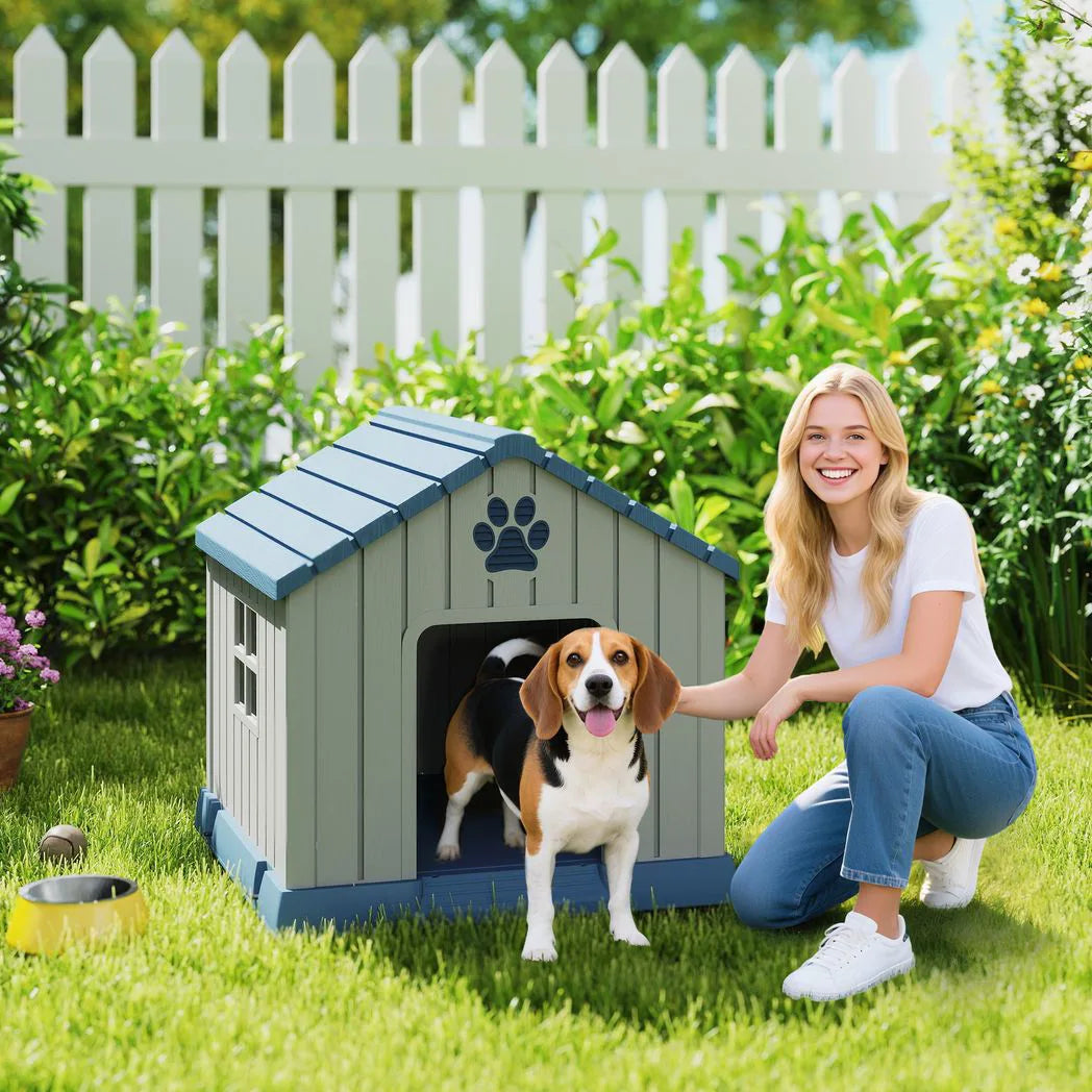 PawHut Waterproof Plastic Dog Kennel for Medium Dogs, Raised Base – Outdoor Garden House, 85 cm, Grey