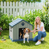 PawHut Waterproof Plastic Dog Kennel for Medium Dogs, Raised Base – Outdoor Garden House, 85 cm, Grey