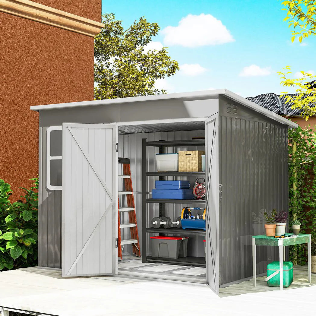 Outsunny 8.5 x 6ft Galvanised Steel Garden Shed with Foundation Kit, Window, Lockable Doors & Air Vents – Outdoor Storage, Light Grey