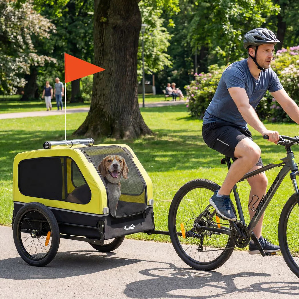 PawHut Dog Bike Trailer with Flip-Down Ramp Tailgate, Quick-Release Frame, Universal Coupler and Reflectors – Yellow