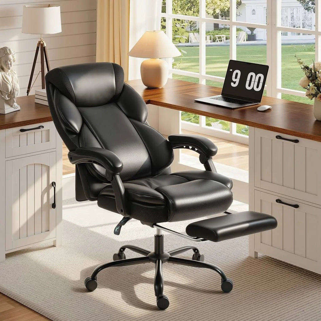 HOMCOM Reclining Office Chair with Footrest, Linkage Armrests and Casters – PU Leather Desk Chair, Black
