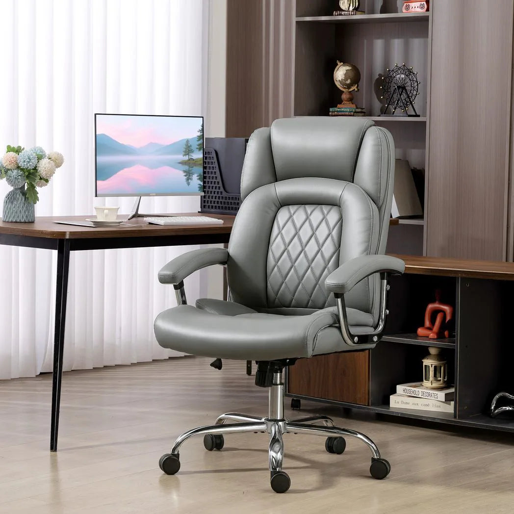 HOMCOM Big and Tall Office Chair with Spring Cushion, 180kg Capacity – Padded Headrest PU Leather Desk Chair, Grey