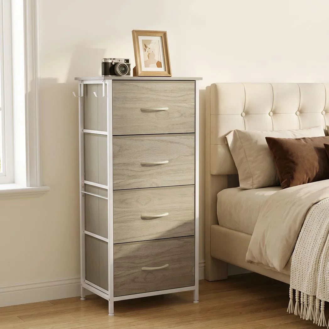HOMCOM Tall Chest of Drawers with 4 Fabric Drawers, 4 Pockets & 2 Hooks – Steel Frame Storage, Natural Wood