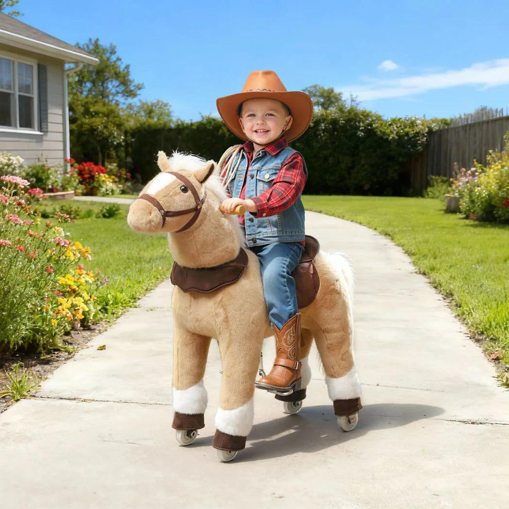 AIYAPLAY Plush Rocking Horse Ride On Pony with Wheels, Saddle & Handlebars – Kids 3–5 Years, Brown