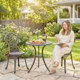 Outsunny 3 Piece Aluminium Bistro Set – Garden Table and 2 Chairs with Floral Cut-Out Design, Brown