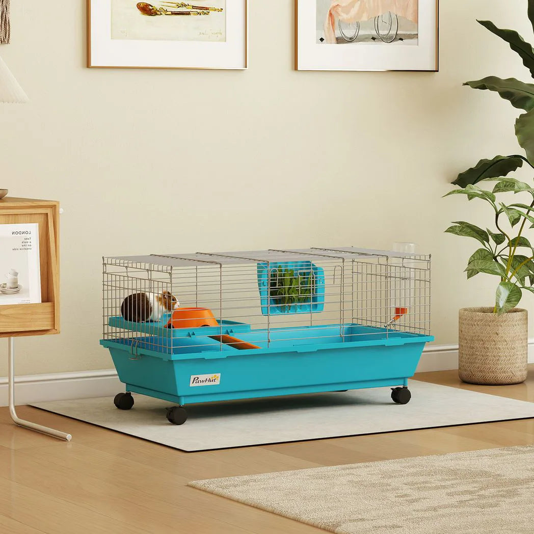 PawHut Small Animal Cage on Wheels with Water Bottle and Ramp – Rabbit and Guinea Pig Hutch, 89cm
