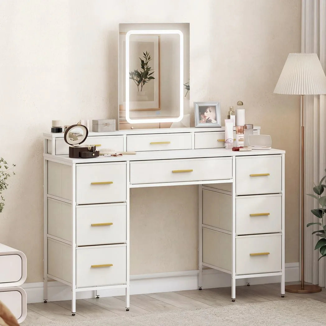 HOMCOM Dressing Table with LED Mirror and 10 Fabric Drawers – Makeup Vanity with Adjustable Lighting, White