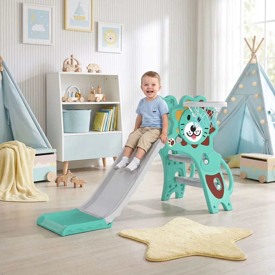 AIYAPLAY Baby Slide with Basketball Hoop, Ball & Inflator – 3 in 1 Indoor Slide for 18-36 Months, Blue