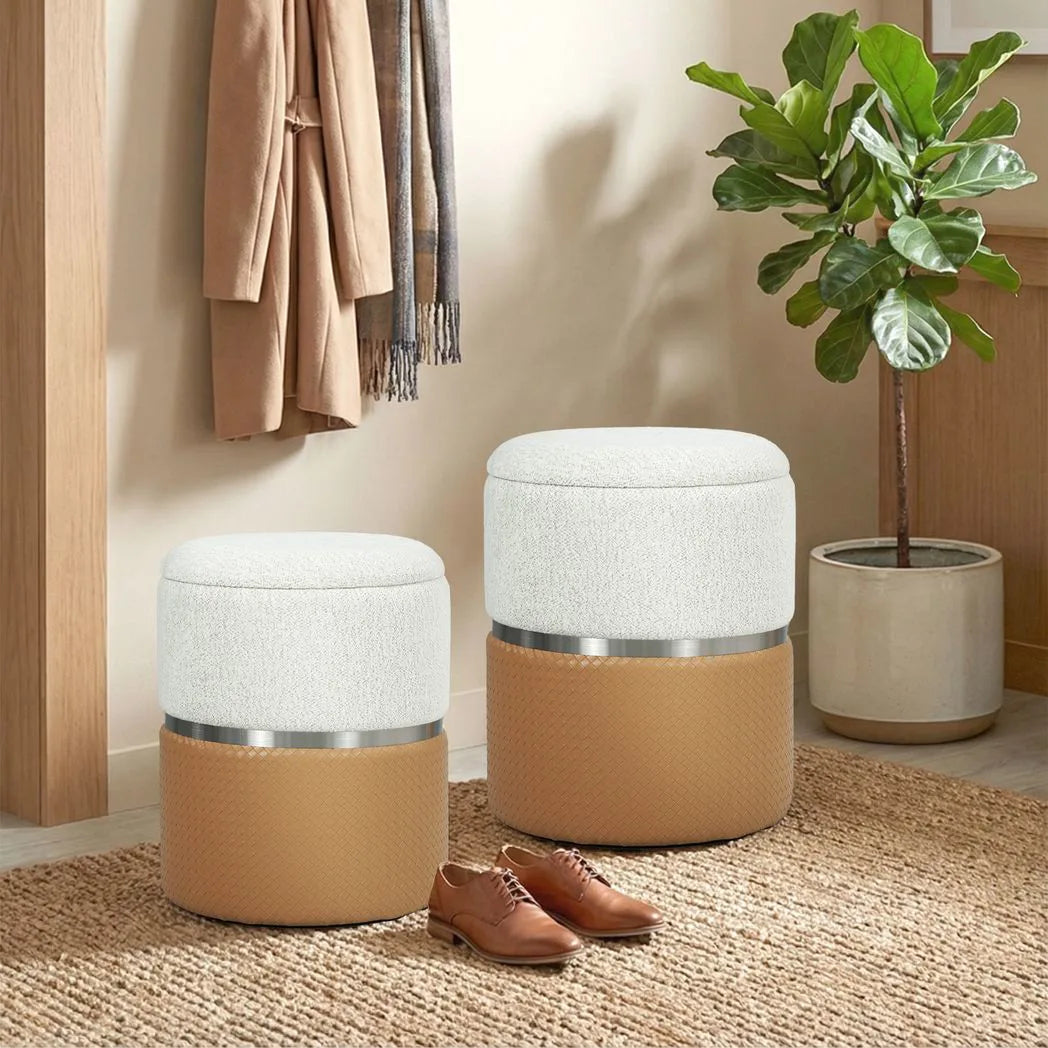 HOMCOM Set of 2 Nesting Round Storage Ottomans with Lift-Off Lids – Chenille and PU Leather, Cream and Brown