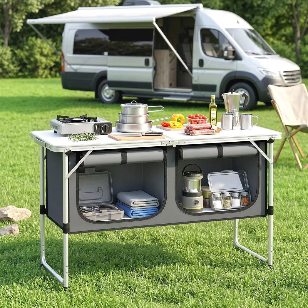 Outsunny Folding Aluminium Camping Kitchen with Storage Cupboard and 120cm Tabletop – Outdoor BBQ Unit