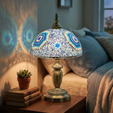 HOMCOM 30cm Tiffany-Style Table Lamp with Stained Glass Shade and Metal Base – Vintage Bedside Light, Blue