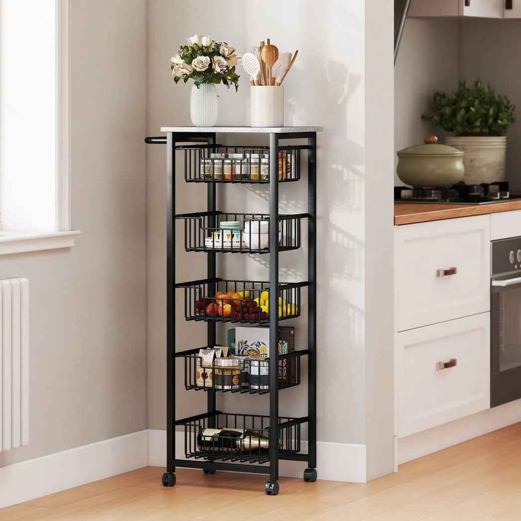HOMCOM Five Basket Mobile Kitchen Island with Brakes – Storage Trolley, Marble-Effect Top, Grey and Black