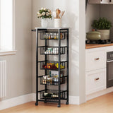 HOMCOM Five Basket Mobile Kitchen Island with Brakes – Storage Trolley, Marble-Effect Top, Grey and Black