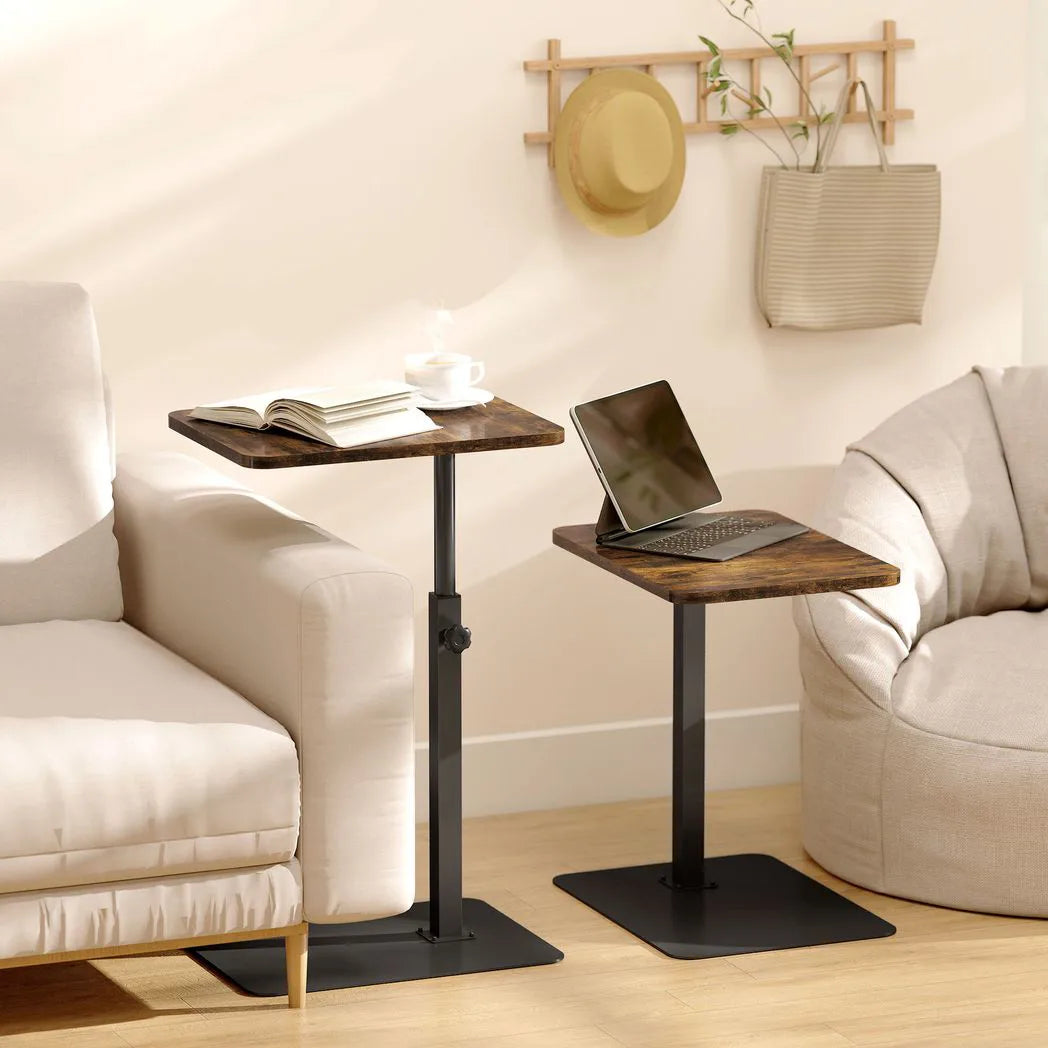 HOMCOM C Shaped Side Table with Adjustable Height 44.5–79 cm – Small End Table with Metal Base, Rustic Brown