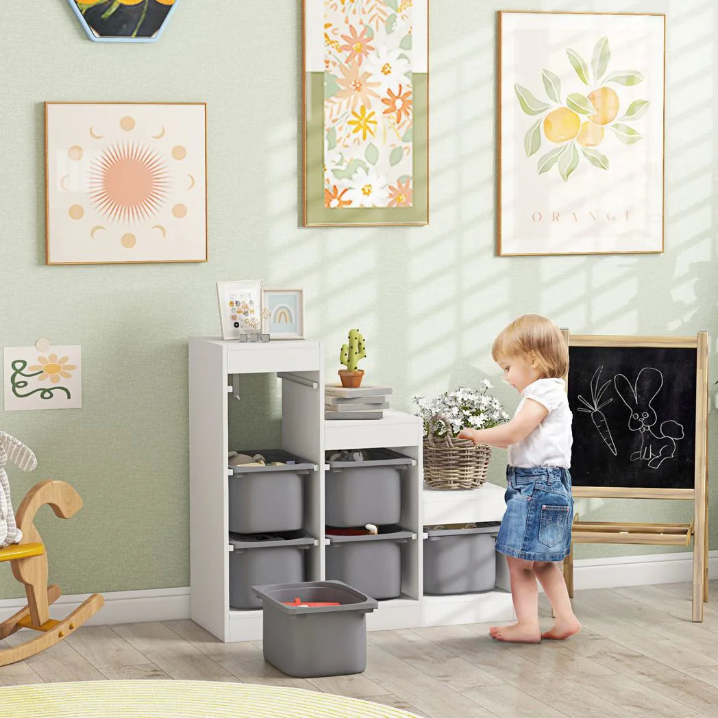 AIYAPLAY 3-Tier Kids Toy Storage Organiser with 6 Removable Bins – Grey, Ages 3-8