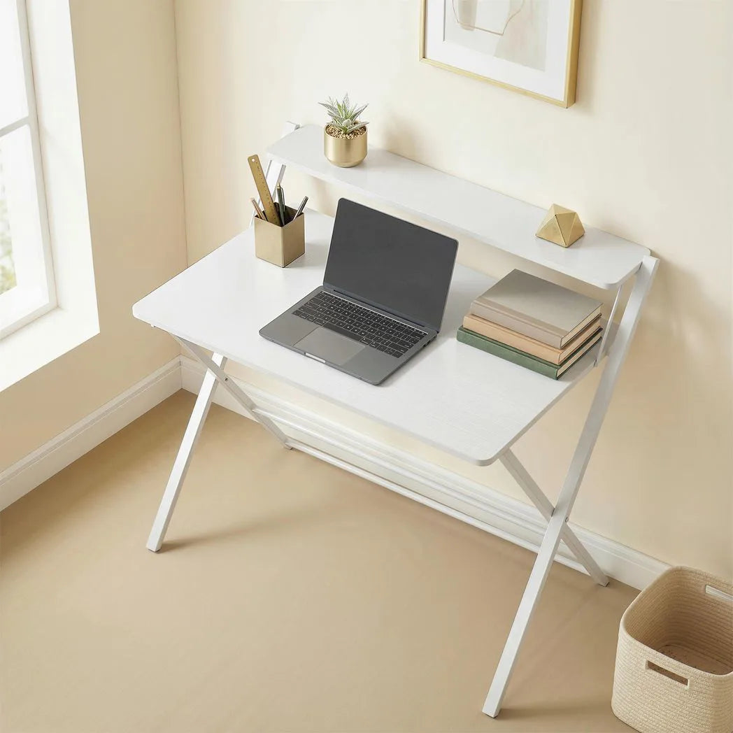 HOMCOM Compact Folding Desk with Storage Shelf – Space-Saving Home Office Computer Desk, White