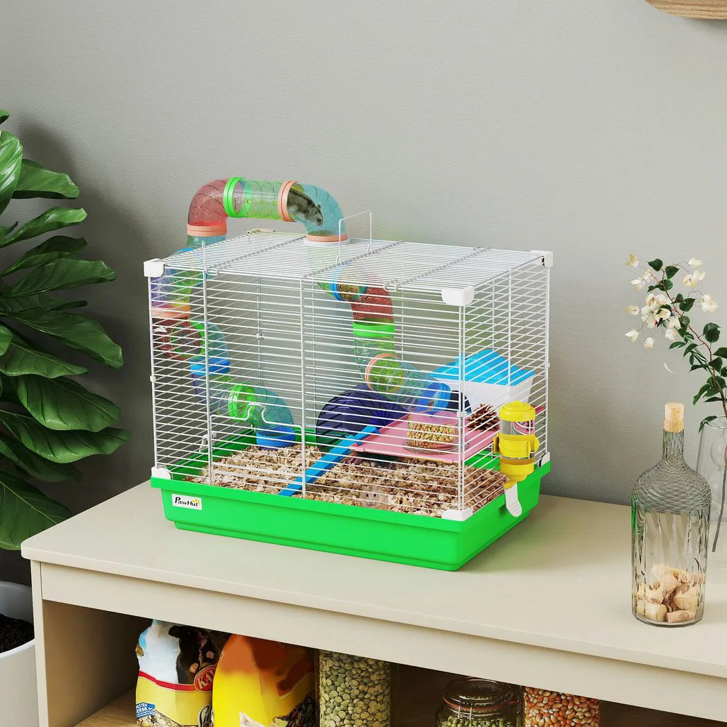 PawHut 2 Tier Hamster Cage with Handle, Exercise Wheel and Tunnel – Small Pet Home for Dwarf Hamsters