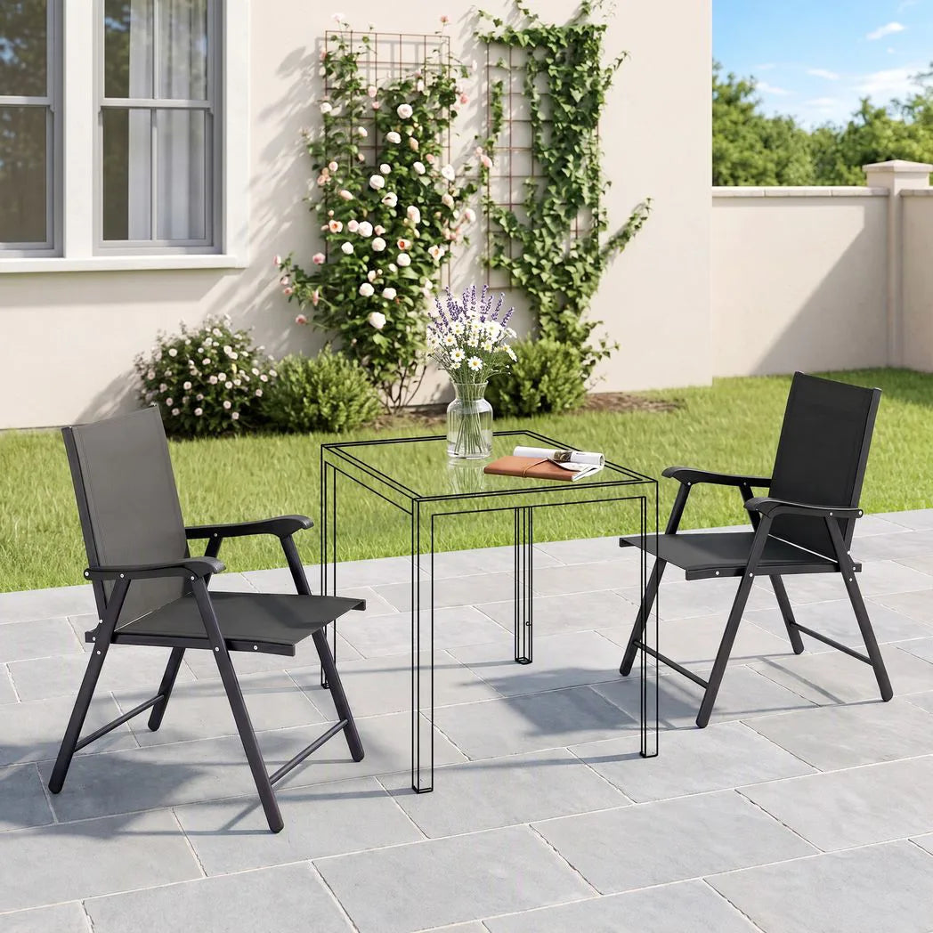 Outsunny Set of 2 Folding Garden Chairs with High Back, Armrests & Texteline Seat – Black