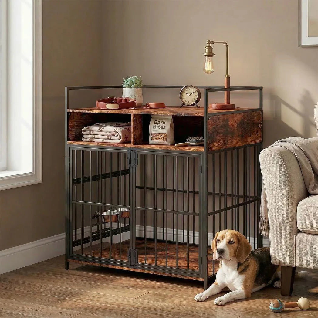 PawHut Dog Crate Furniture with Rotatable Feeding Station and Shelves – Indoor End Table Kennel, Brown