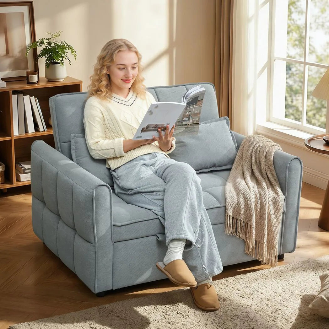 HOMCOM 2 Seater 3-in-1 Sofa Bed with Click-Clack Backrest and 2 Pillows – Convertible Sleeper Sofa, Grey