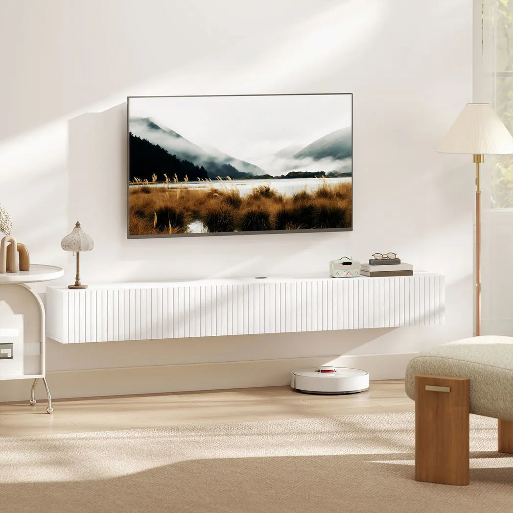 HOMCOM Floating TV Stand with Fluted Doors and Cable Hole – Wall-Mounted TV Unit for TVs up to 72", White