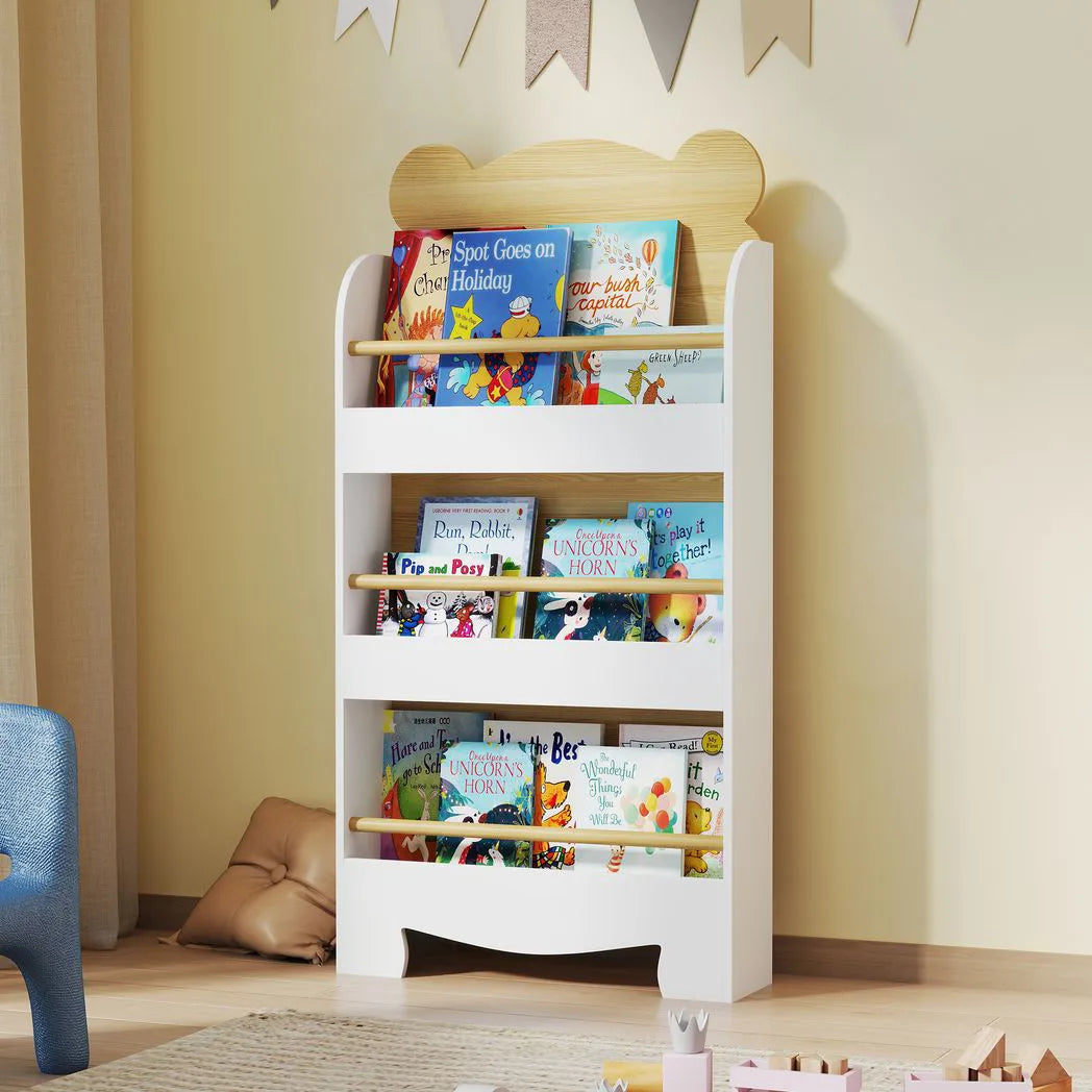 AIYAPLAY Kids 3-Tier Bookshelf with Bear Design, Anti-Tip Device and Guardrails – Children's Bookcase, White