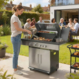 Outsunny 4 Burner Gas BBQ Grill with Side Burner, Warming Rack, Side Shelf & Storage Cabinet – Portable Propane Barbecue